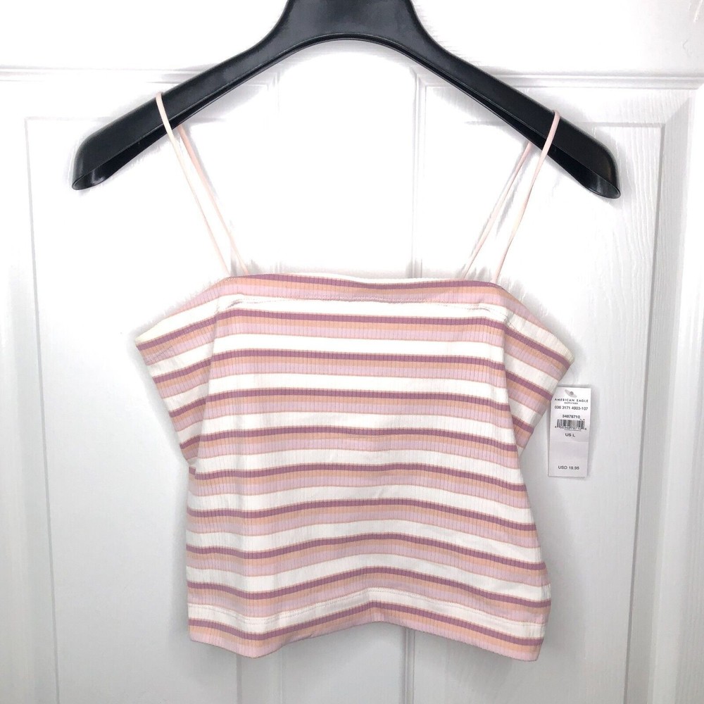 American Eagle Women's Size Large Striped Bungee-Strap Crop Top (Pink & White)